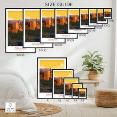 Size guide for Granada Poster Print showcasing various frame sizes and design with a vintage travel theme.