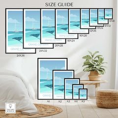 Size guide image displaying Grand Cayman Art Print Poster in various frame sizes for home or office decor.