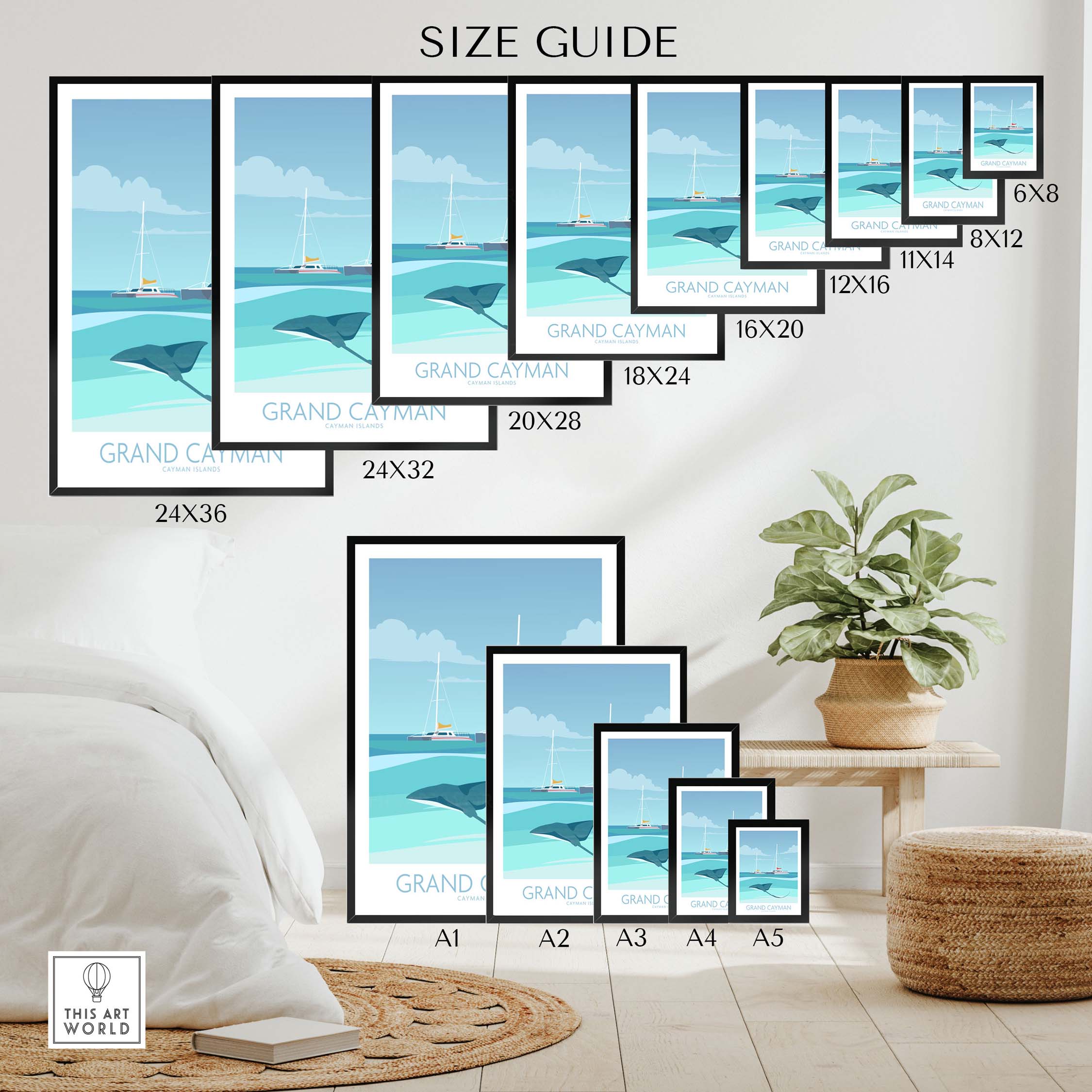 Size guide image displaying Grand Cayman Art Print Poster in various frame sizes for home or office decor.