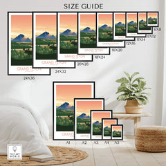 Size guide for Grand Teton National Park art print showcasing various frame options and dimensions for home decor.