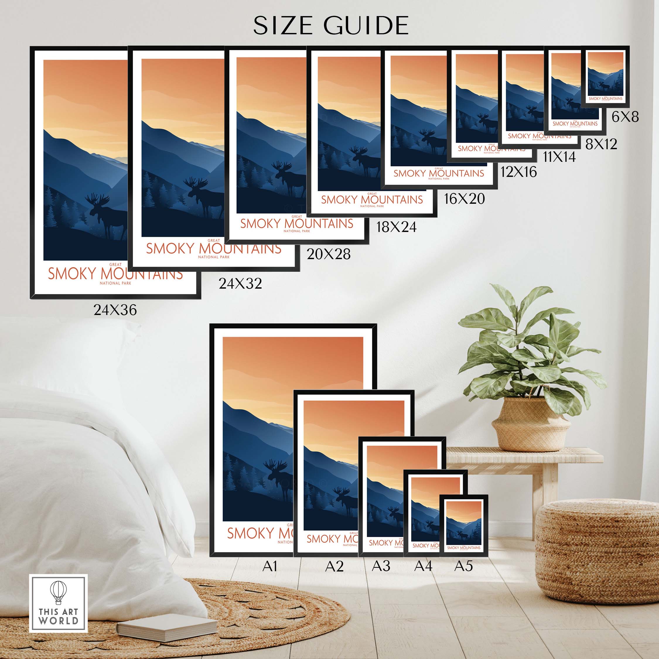 Size guide for Smoky Mountains National Park art print, showcasing various frame sizes and minimalist design.