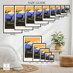 Size guide for Great Smoky Mountains poster showcasing various frame sizes and styles for wall art.