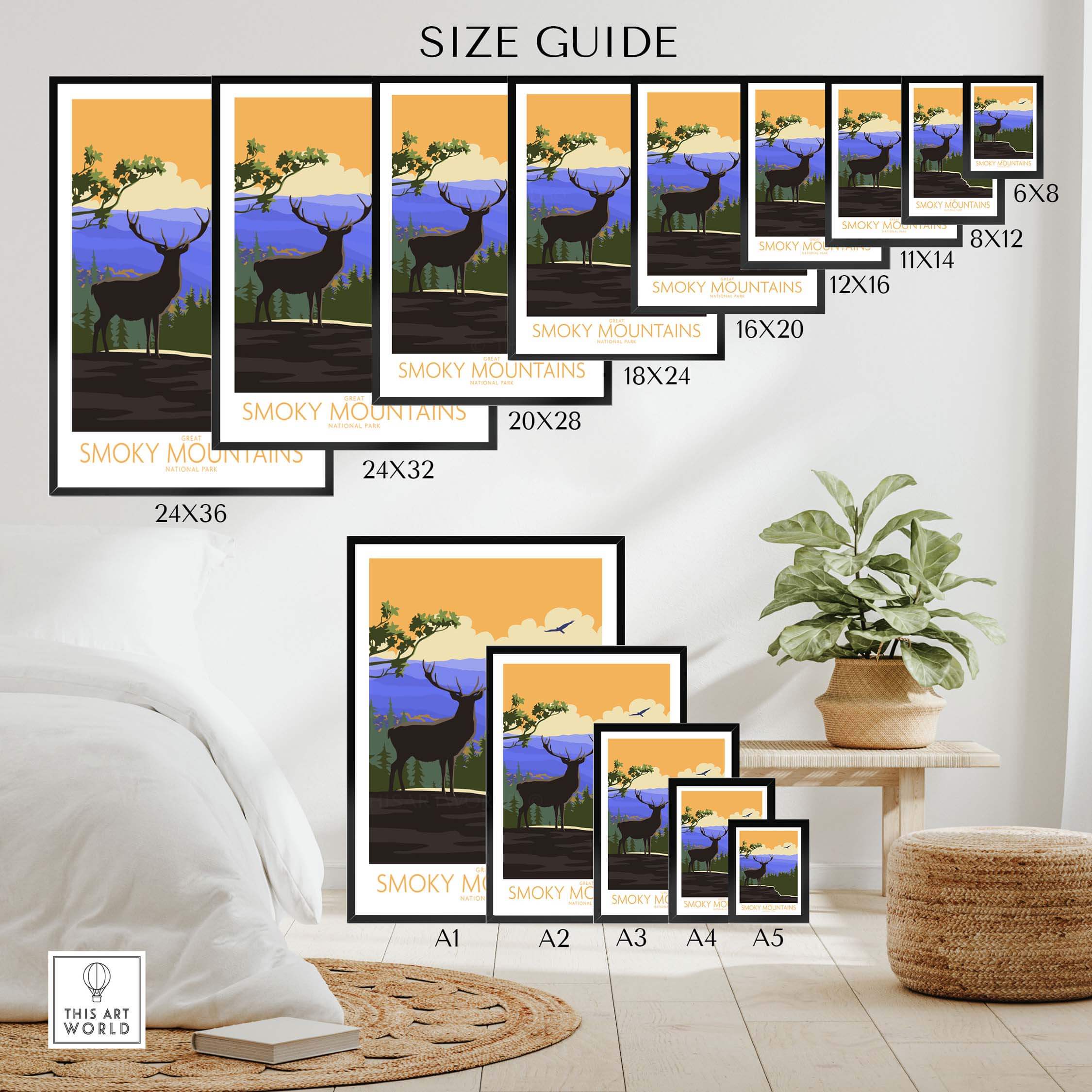 Size guide for Great Smoky Mountains poster showcasing various frame sizes and styles for wall art.