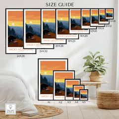Size guide for Smoky Mountains Poster Print featuring various dimensions and framed options.
