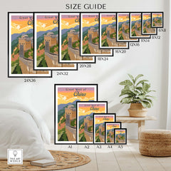 Size guide for Great Wall of China poster prints showcasing various frame sizes for home or office decor.