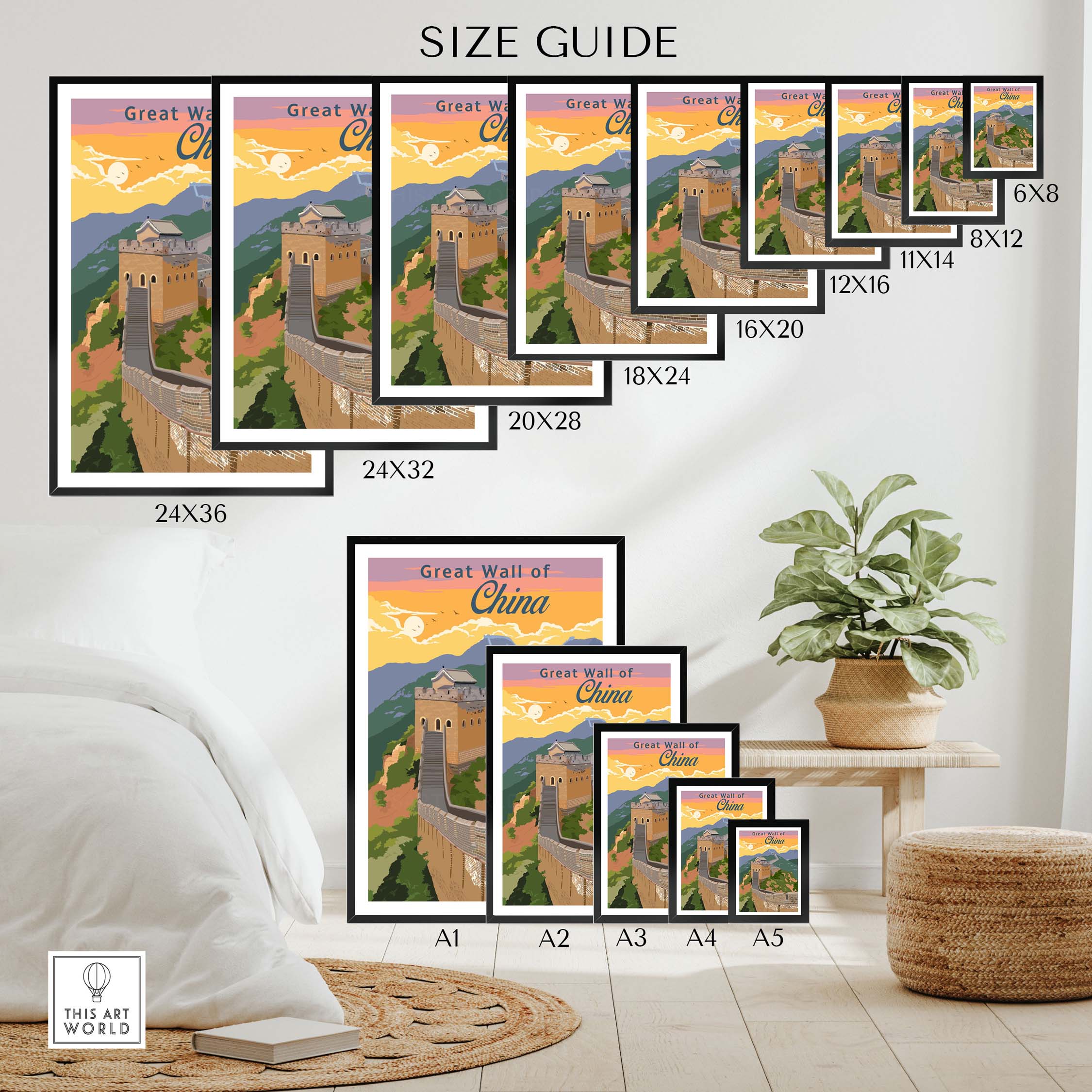 Size guide for Great Wall of China poster prints showcasing various frame sizes for home or office decor.