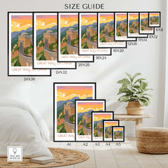 Size guide for Great Wall of China print showcasing various frame sizes and dimensions for wall art.