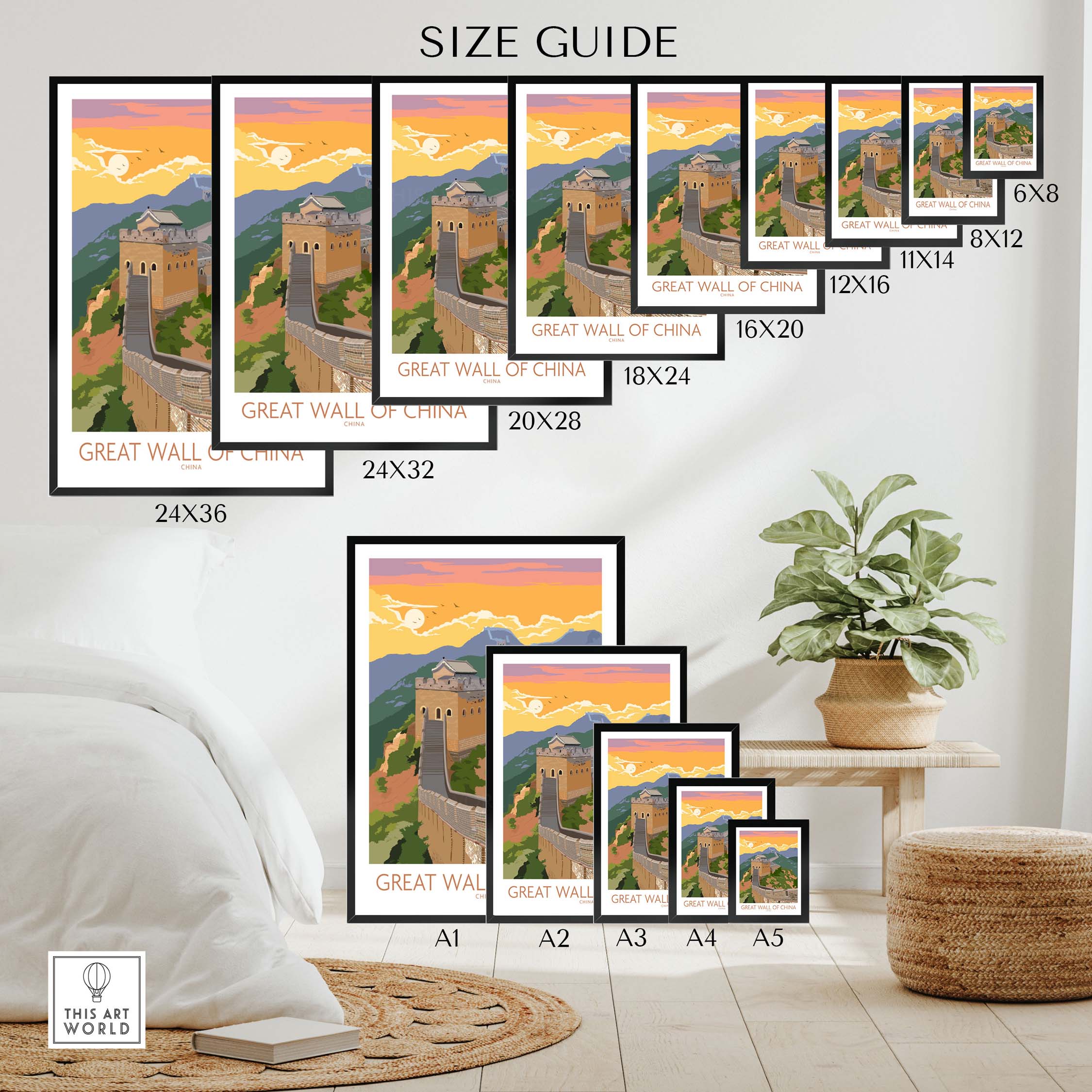 Size guide for Great Wall of China print showcasing various frame sizes and dimensions for wall art.
