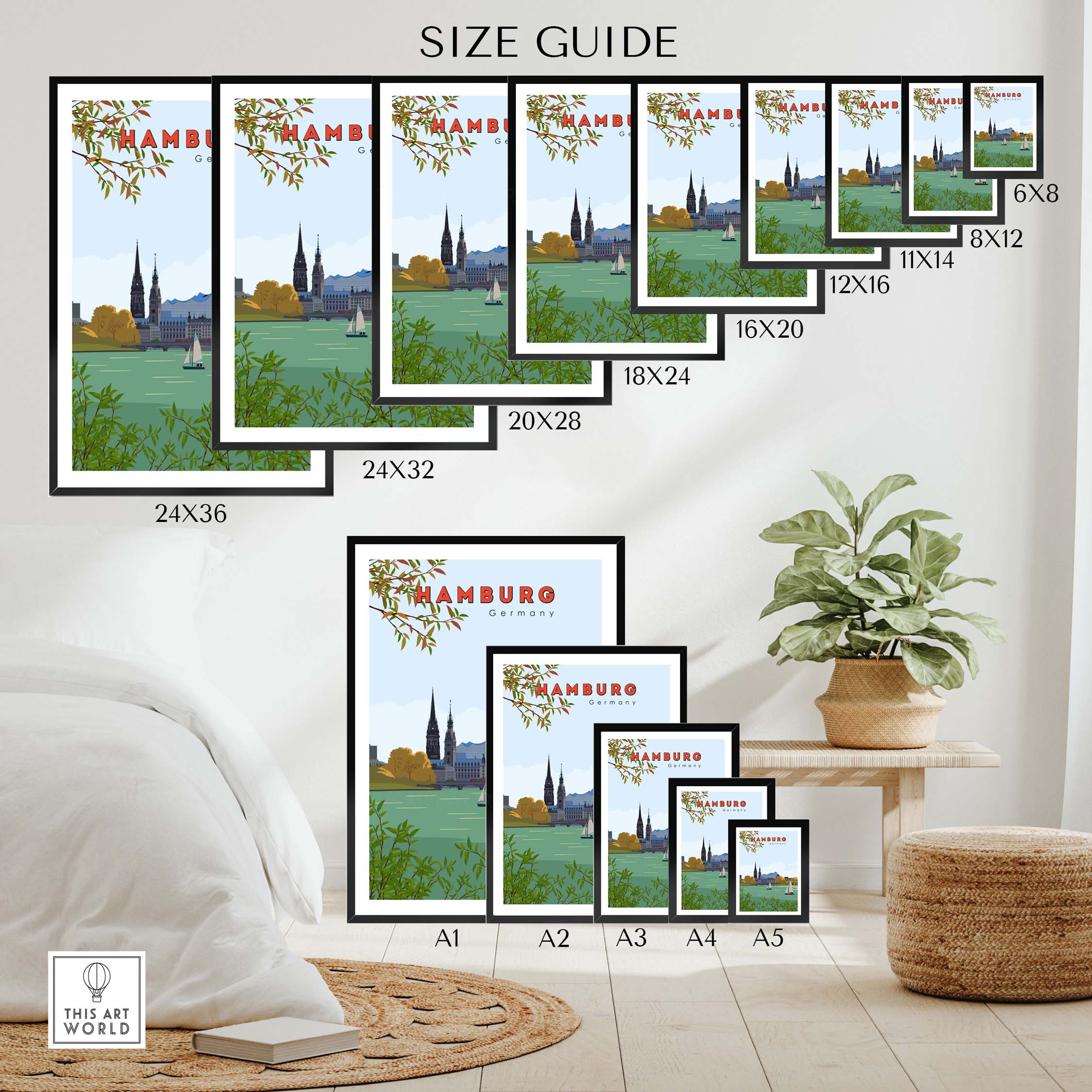 Size guide for Hamburg vintage poster print showcasing various frame sizes and styles in a stylish interior.