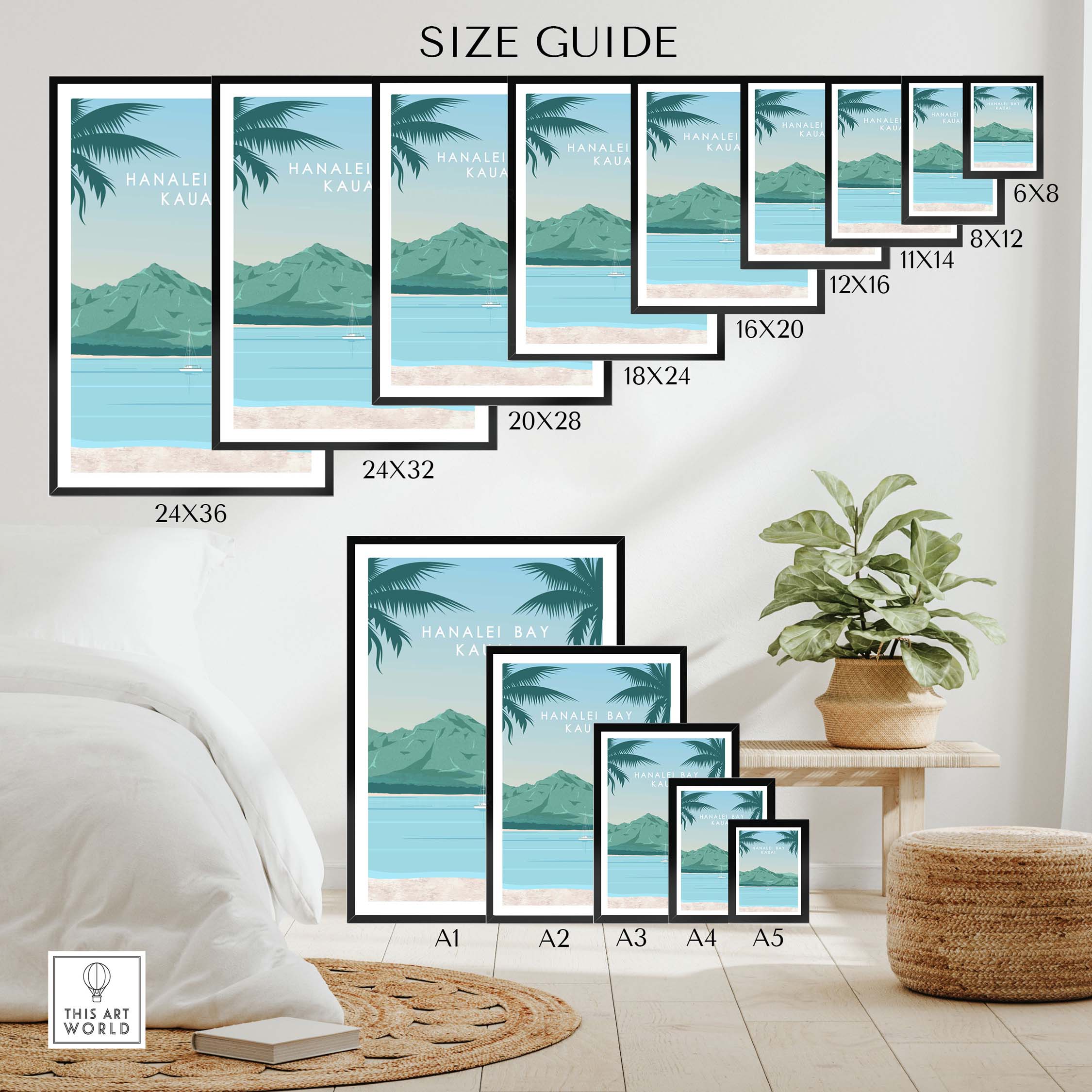 Size guide for Kauai Print Wall Art Posters featuring various frame sizes and Hanalei Bay design.