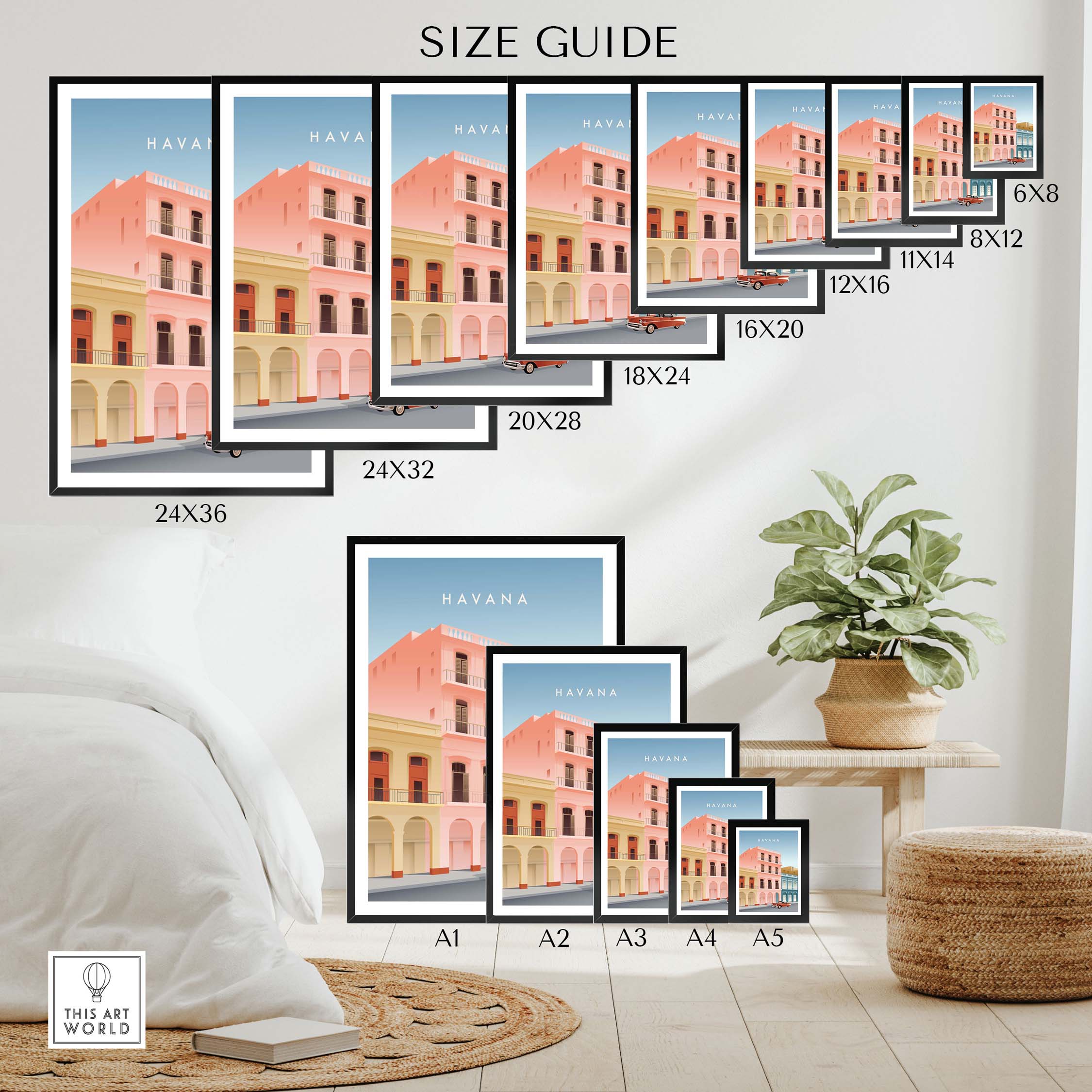 Size guide for Havana Wall Art Poster showcasing various print sizes and framed/unframed options in a stylish setting.