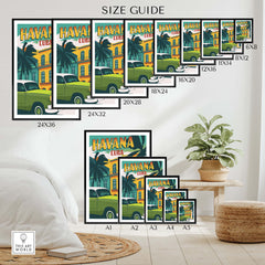 Havana Print Cuba Poster size guide showcasing various frame sizes for stylish wall art.