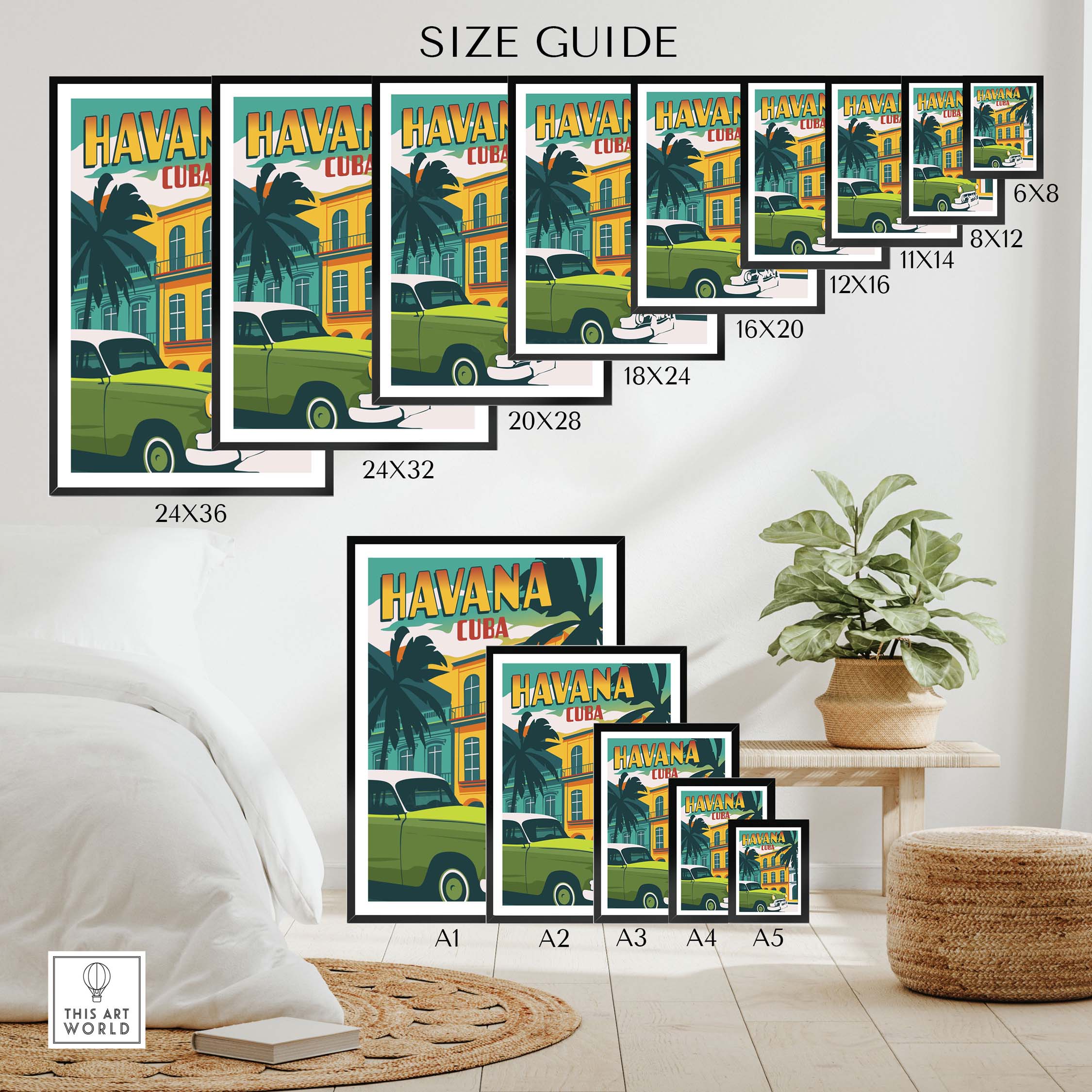 Havana Print Cuba Poster size guide showcasing various frame sizes for stylish wall art.