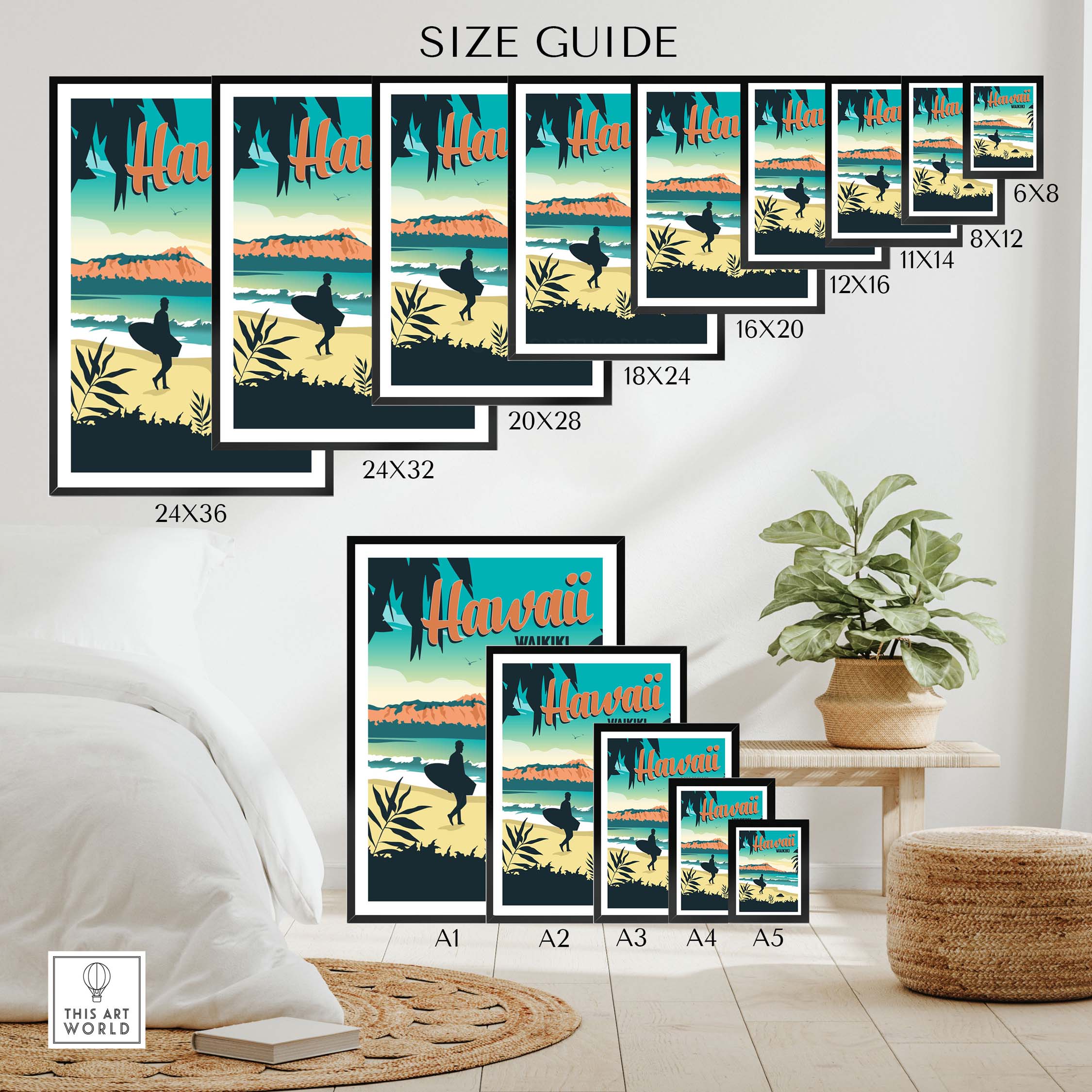 Hawaii Waikiki Poster Wall Art Print size guide showcasing various frame sizes in a stylish interior setting.