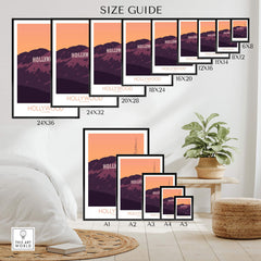 Size guide for Hollywood Print California Posters showing different dimensions and display options in a stylish interior setting.