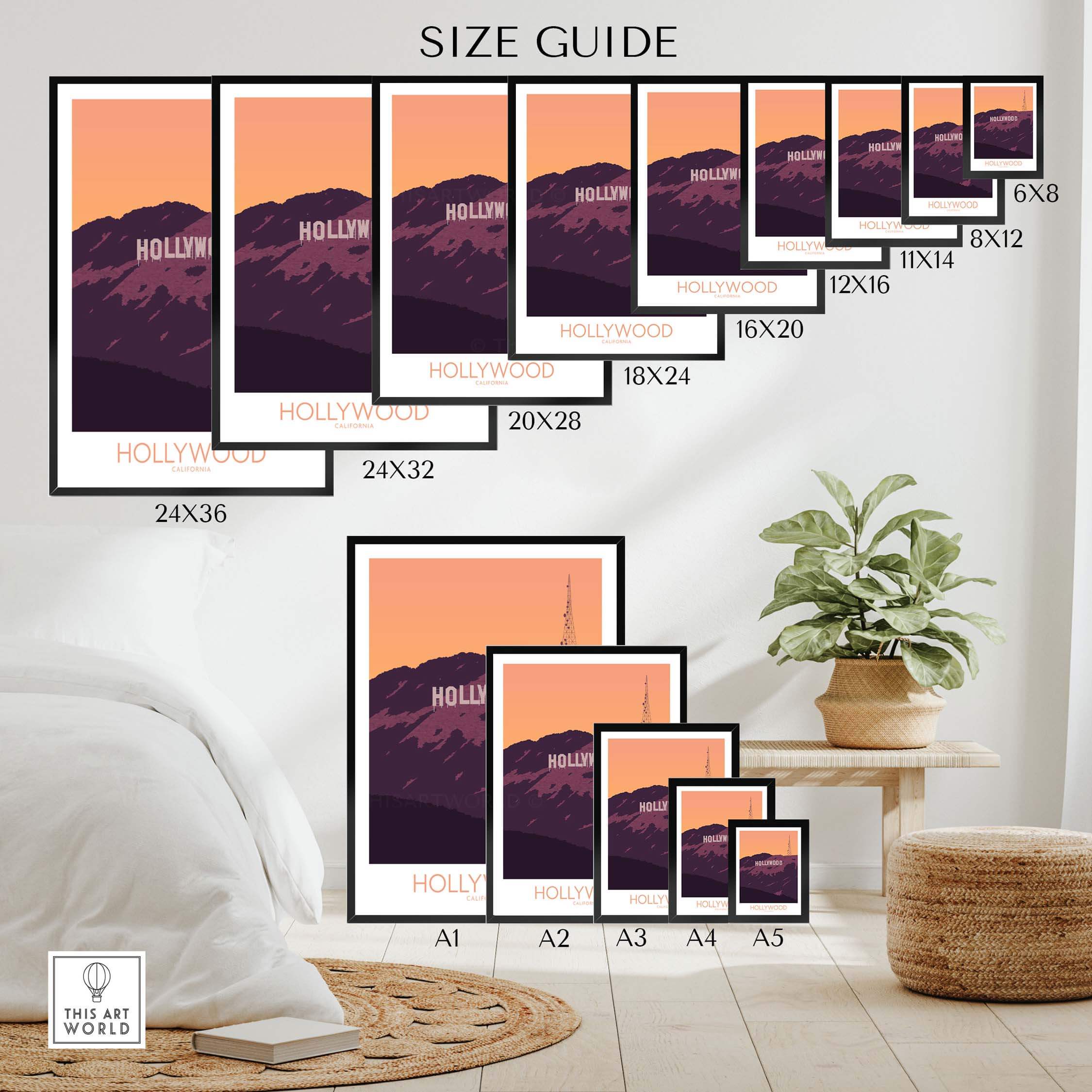 Size guide for Hollywood Print California Posters showing different dimensions and display options in a stylish interior setting.