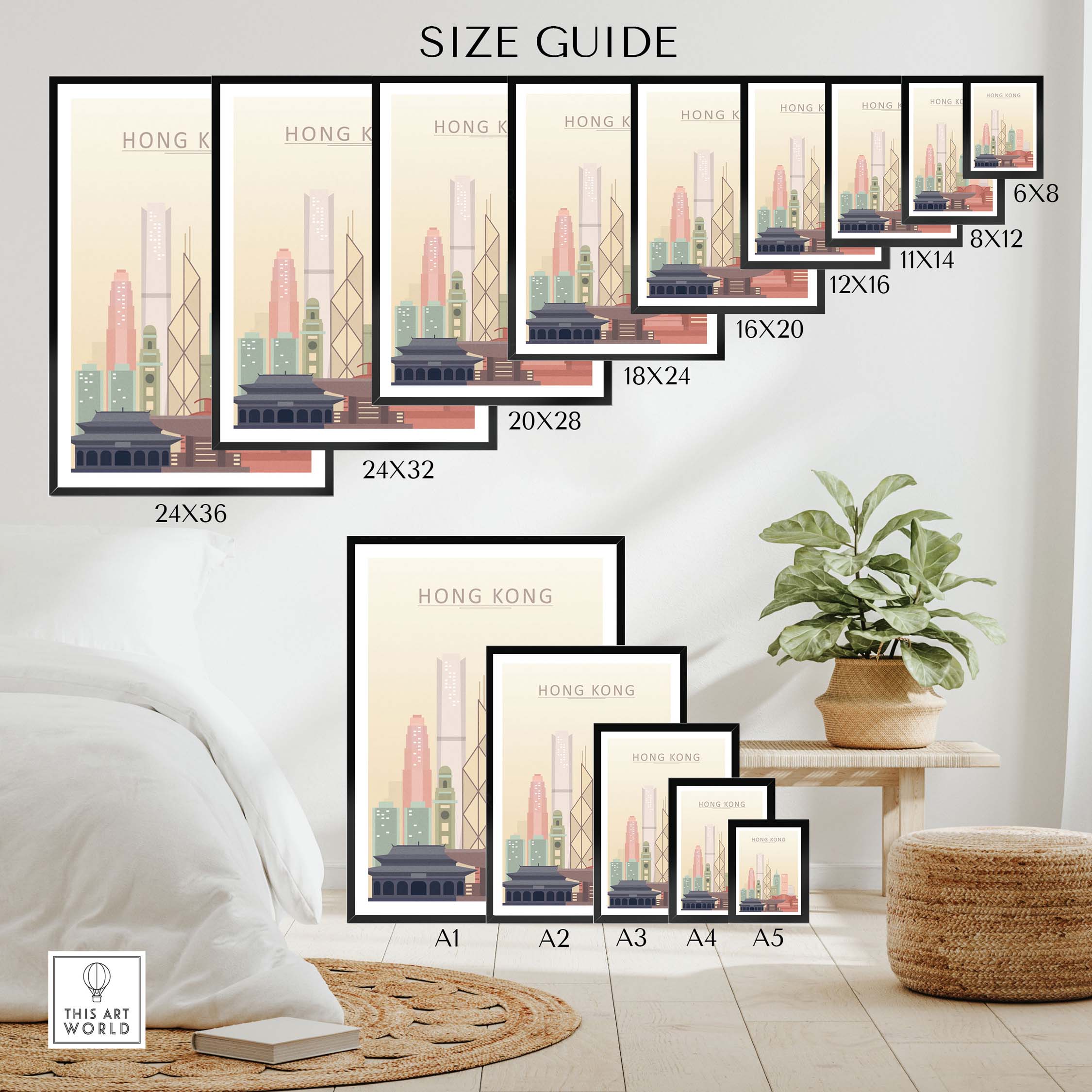 Size guide for Hong Kong skyline wall art prints displayed in various dimensions, showcasing style and design options.