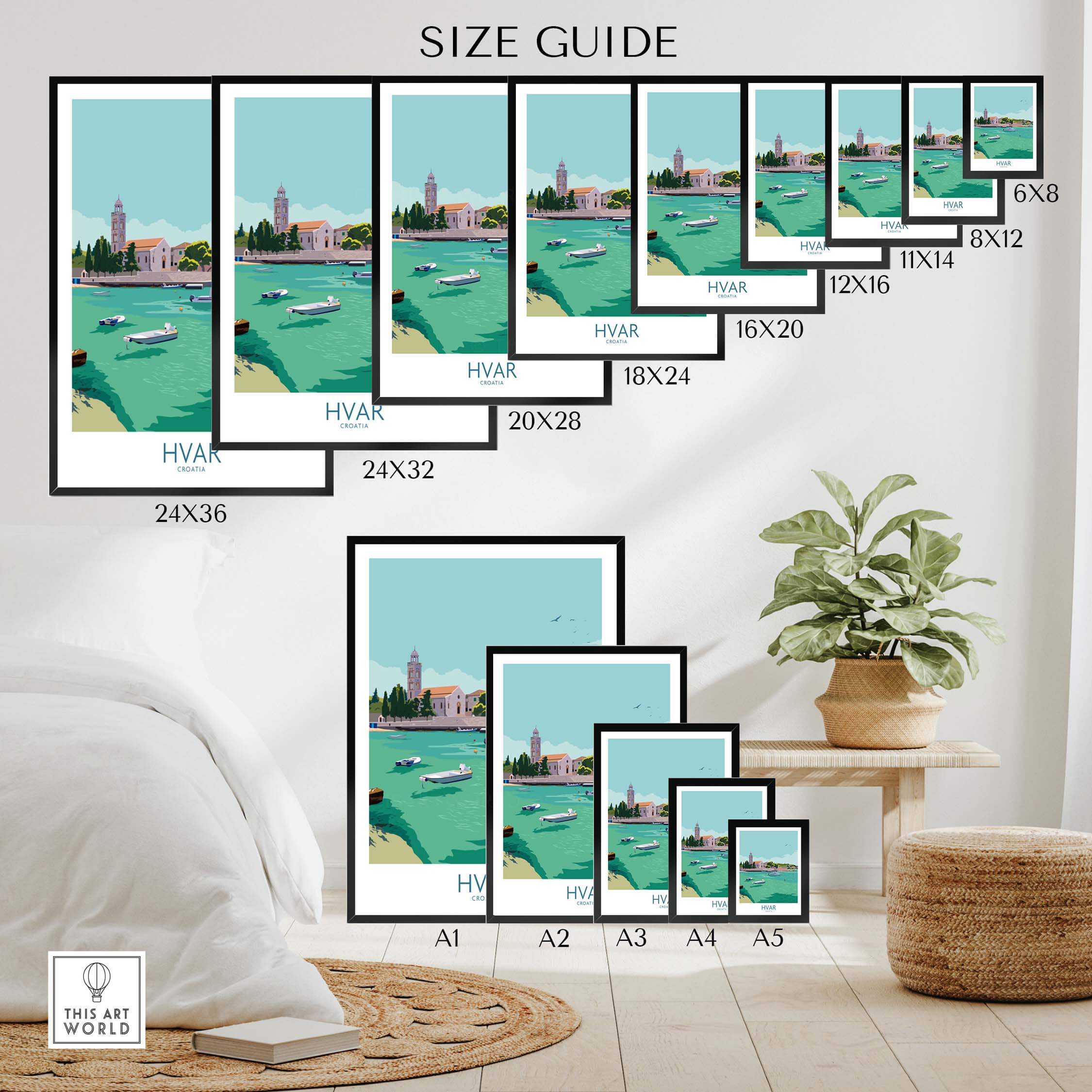 Size guide for Hvar Print Croatia Travel Poster displaying various frame sizes and dimensions.