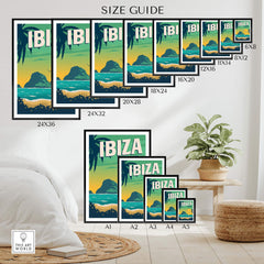 Ibiza Poster Wall Art Print size guide showcasing various frame sizes and options for home decor.
