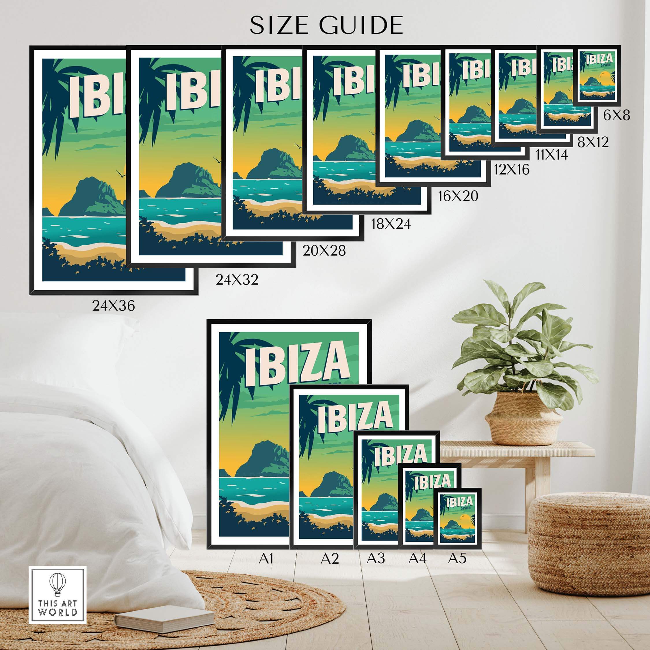 Ibiza Poster Wall Art Print size guide showcasing various frame sizes and options for home decor.
