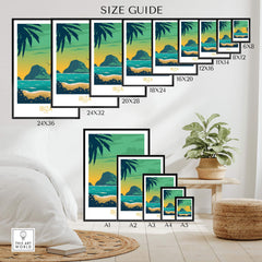Size guide for Ibiza Print Travel Poster showing various dimensions and framed options against a stylish interior backdrop.