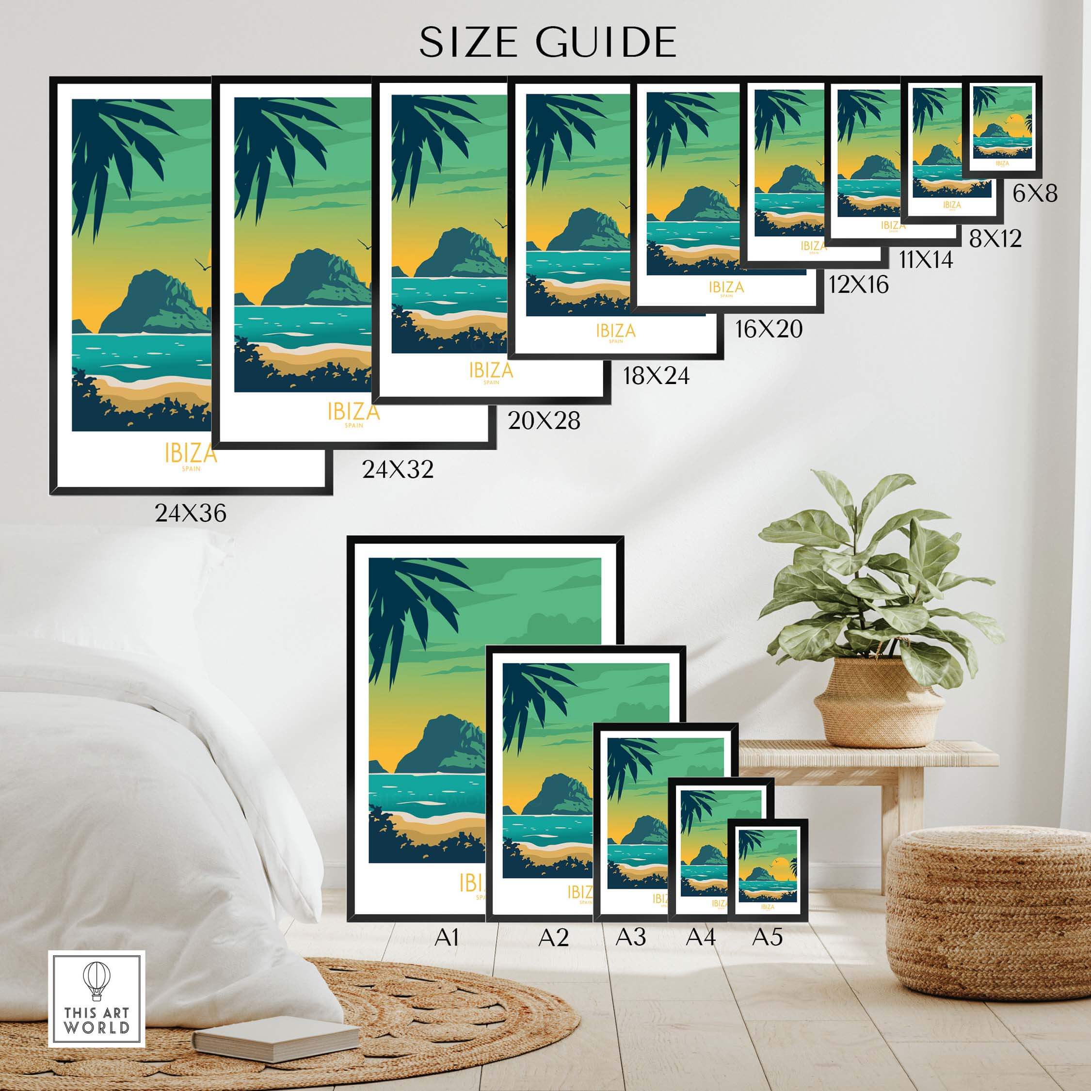 Size guide for Ibiza Print Travel Poster showing various dimensions and framed options against a stylish interior backdrop.