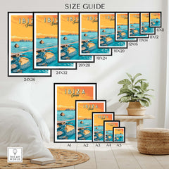 Ibiza Print Sunset Poster size guide showcasing various frame sizes for home and office decor.