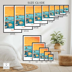 Size guide displaying various frame sizes for Ibiza Poster Island Wall Art against a stylish interior backdrop.