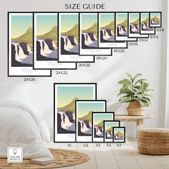 Size guide for Iceland Print Travel Posters displayed in various frame sizes.