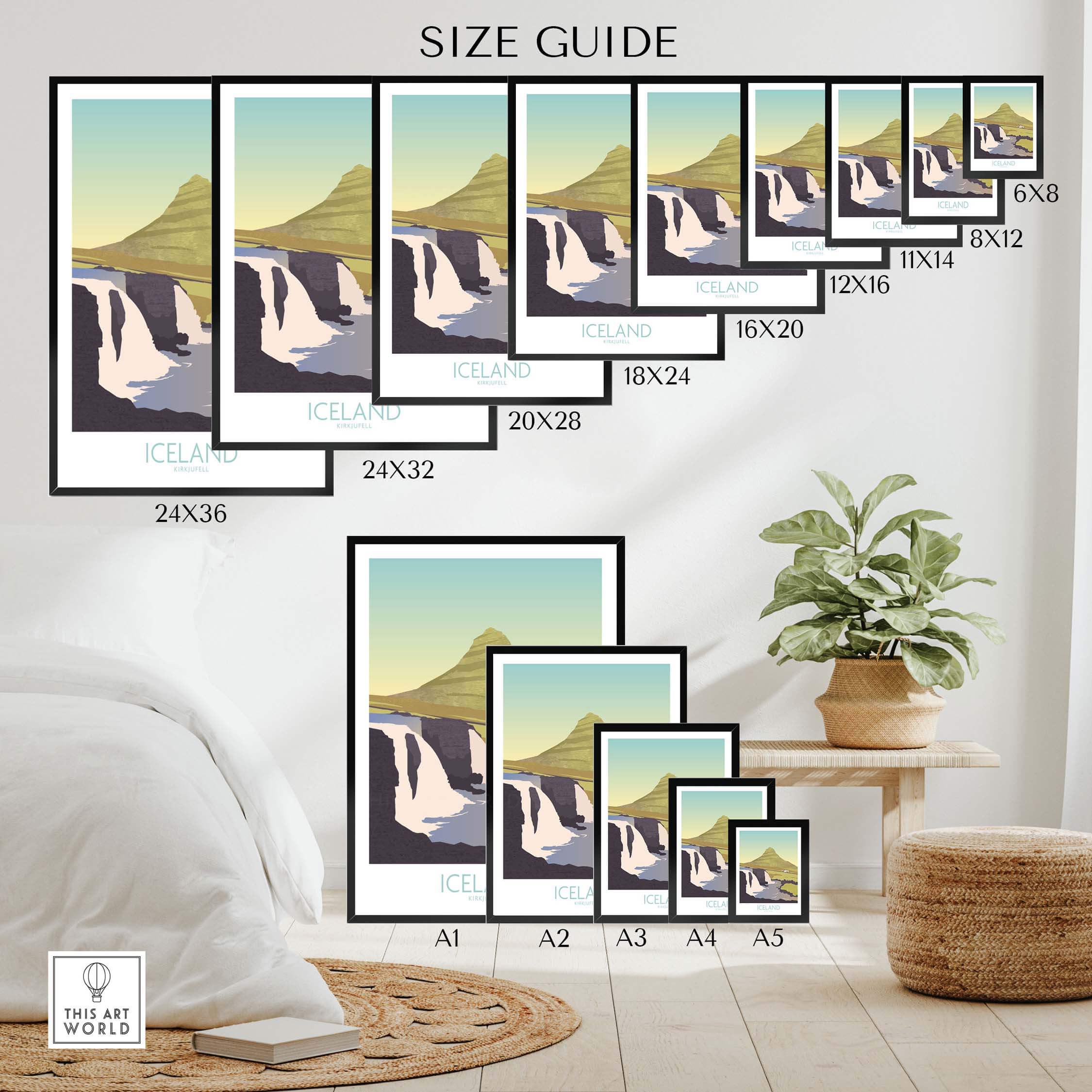 Size guide for Iceland Print Travel Posters displayed in various frame sizes.