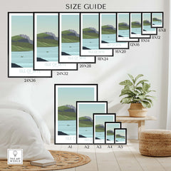 Size guide for Isle of Skye Poster prints showcasing various frame options and dimensions for wall art.
