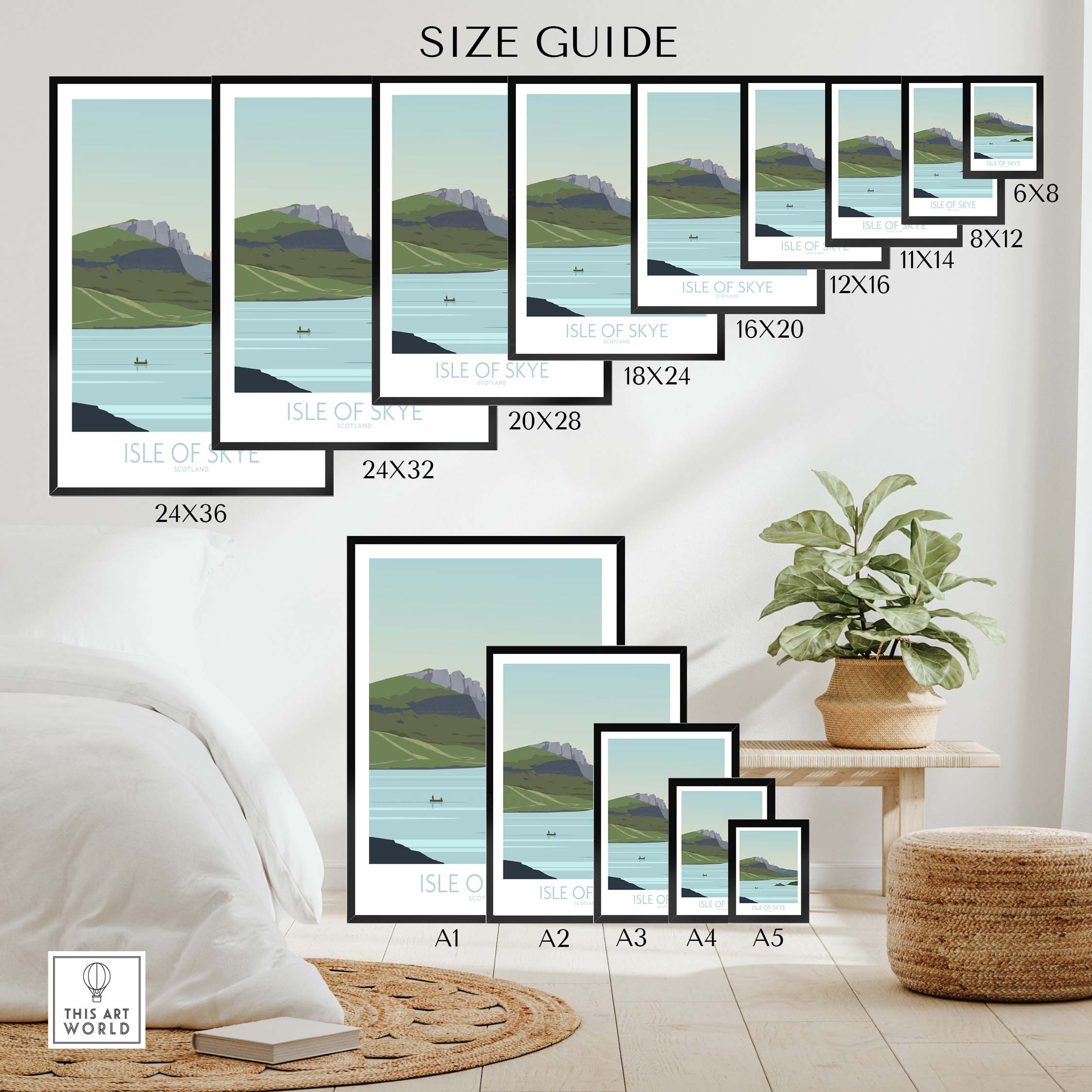 Size guide for Isle of Skye Poster prints showcasing various frame options and dimensions for wall art.