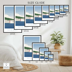 Size guide for Isle of Wight Print showcasing different frame sizes in a stylish interior setting.