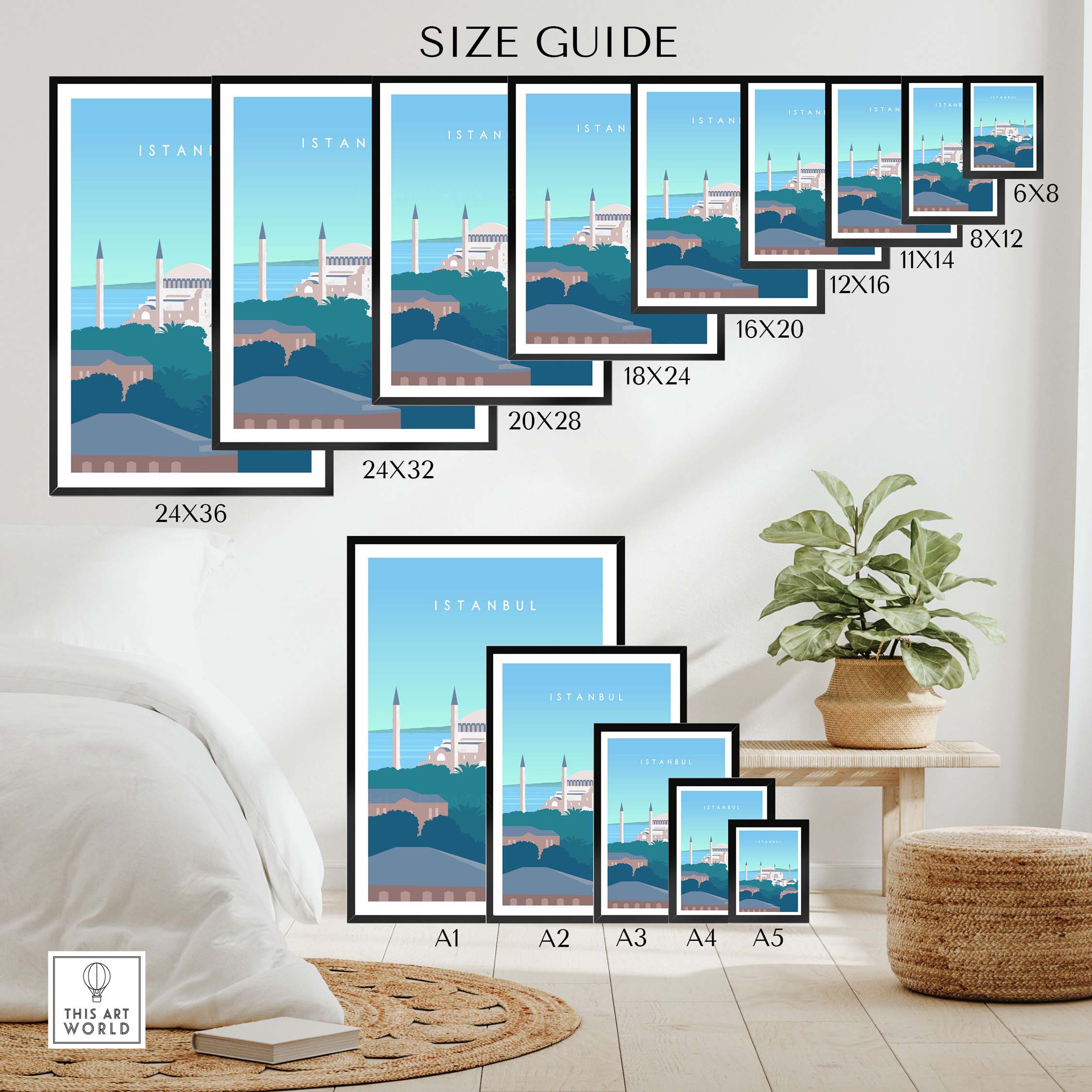 Size guide for Istanbul Print Wall Art Posters, showcasing various frame sizes and designs featuring the Blue Mosque.