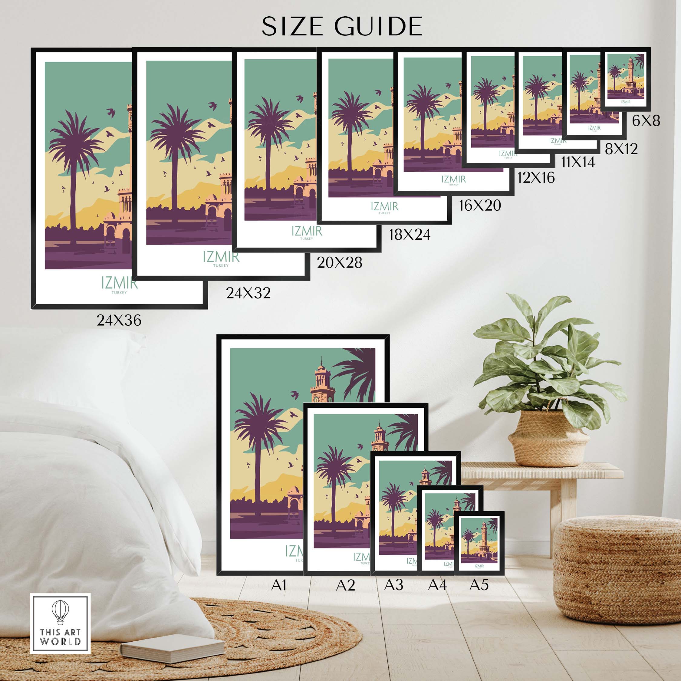 Izmir Poster Turkey Wall Art size guide showcasing various frame dimensions and styles for home decor.