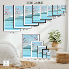 Size guide for Japan Print Wall Art Mount Fuji Poster in various frame sizes for home decor.