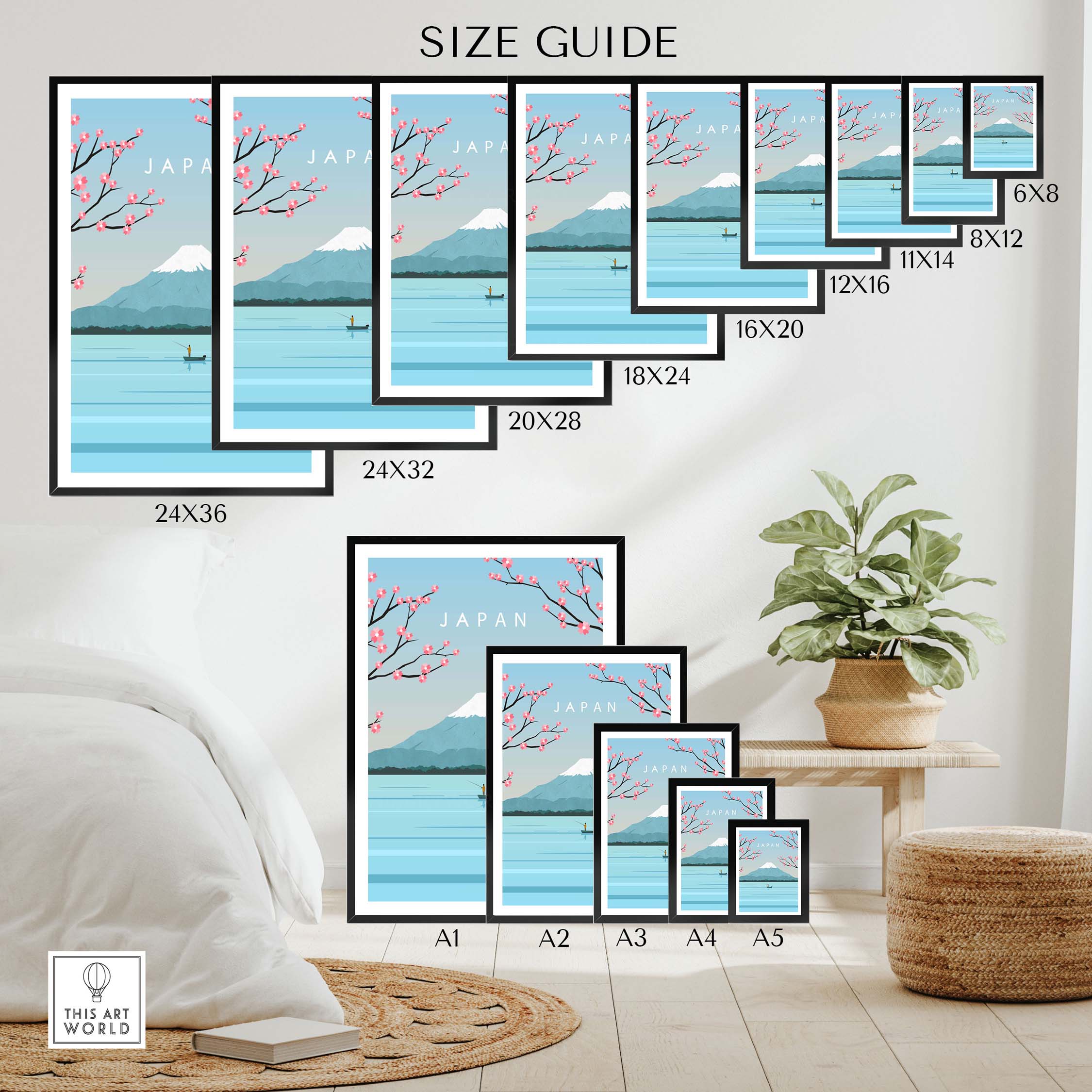 Size guide for Japan Print Wall Art Mount Fuji Poster in various frame sizes for home decor.