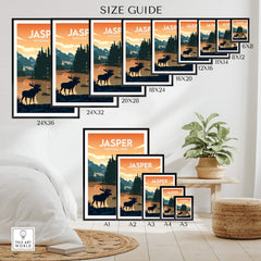 Size guide for Jasper Print National Park Posters showcasing various frame sizes.
