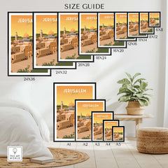 Size guide for framed and unframed Jerusalem Print - Israel in various dimensions.
