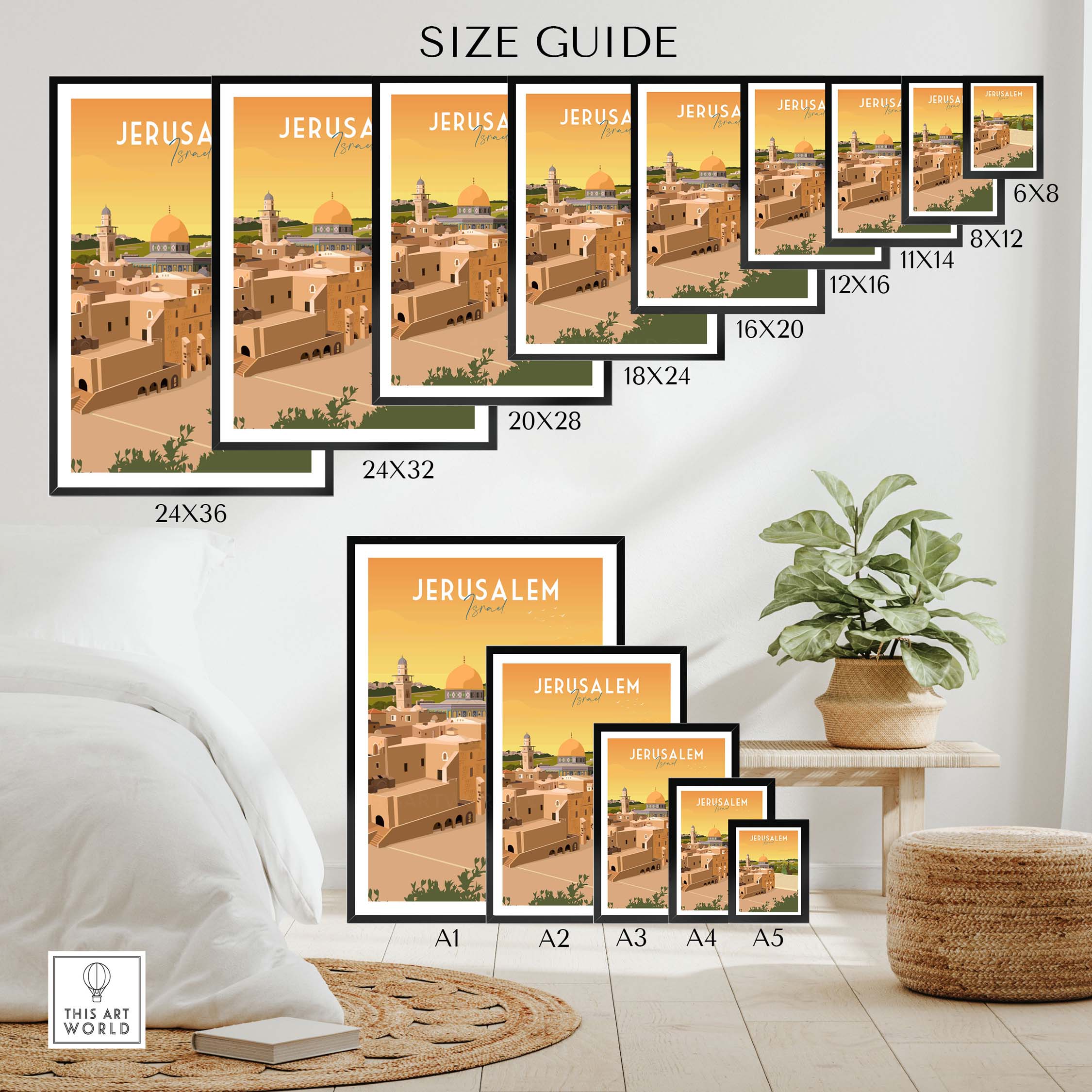 Size guide for framed and unframed Jerusalem Print - Israel in various dimensions.