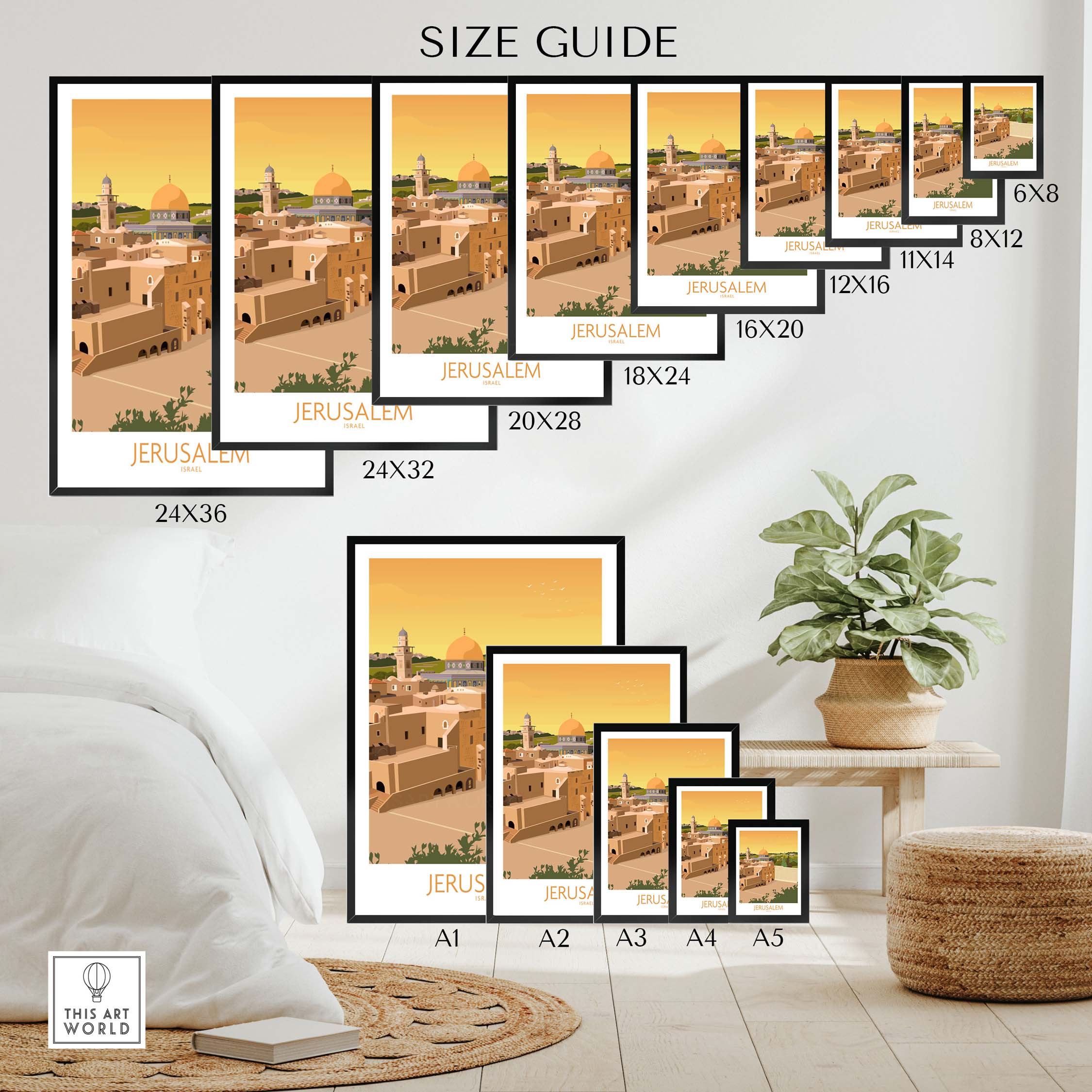 Size guide for Jerusalem Wall Art Poster, showcasing various frame sizes and designs in a stylish setting.