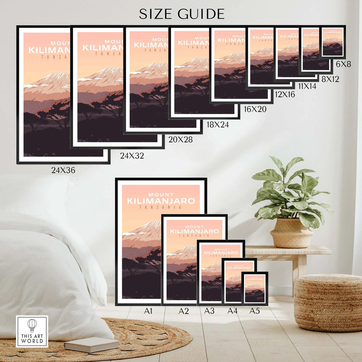 Size guide for Kilimanjaro Print Wall Art Poster available in various dimensions, showcasing framed and unframed options.