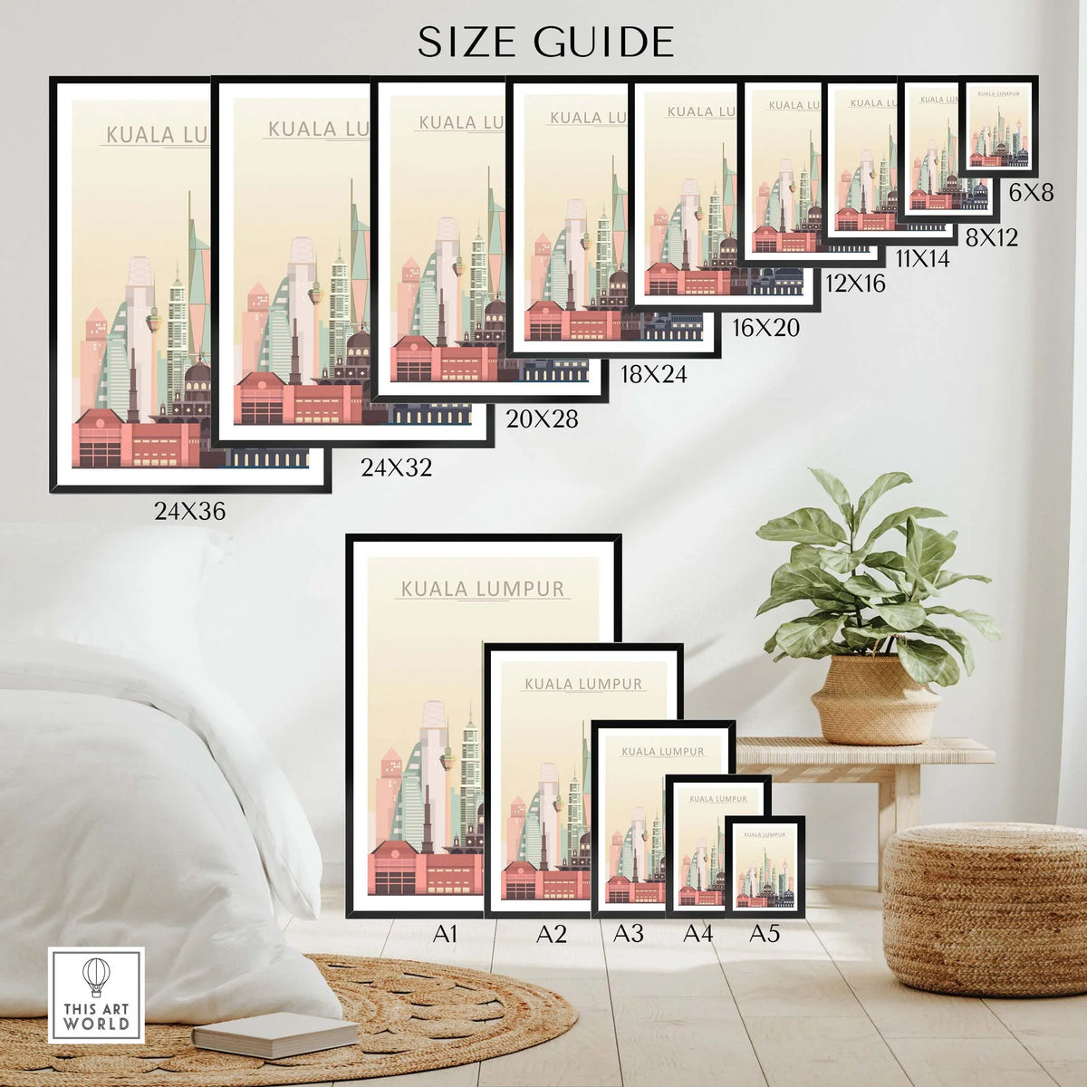 Kuala Lumpur skyline wall art print size guide showing framed and unframed options for home decor.