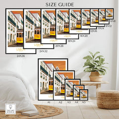Size guide for Lisbon Poster Portugal Print showcasing various frame options and dimensions.
