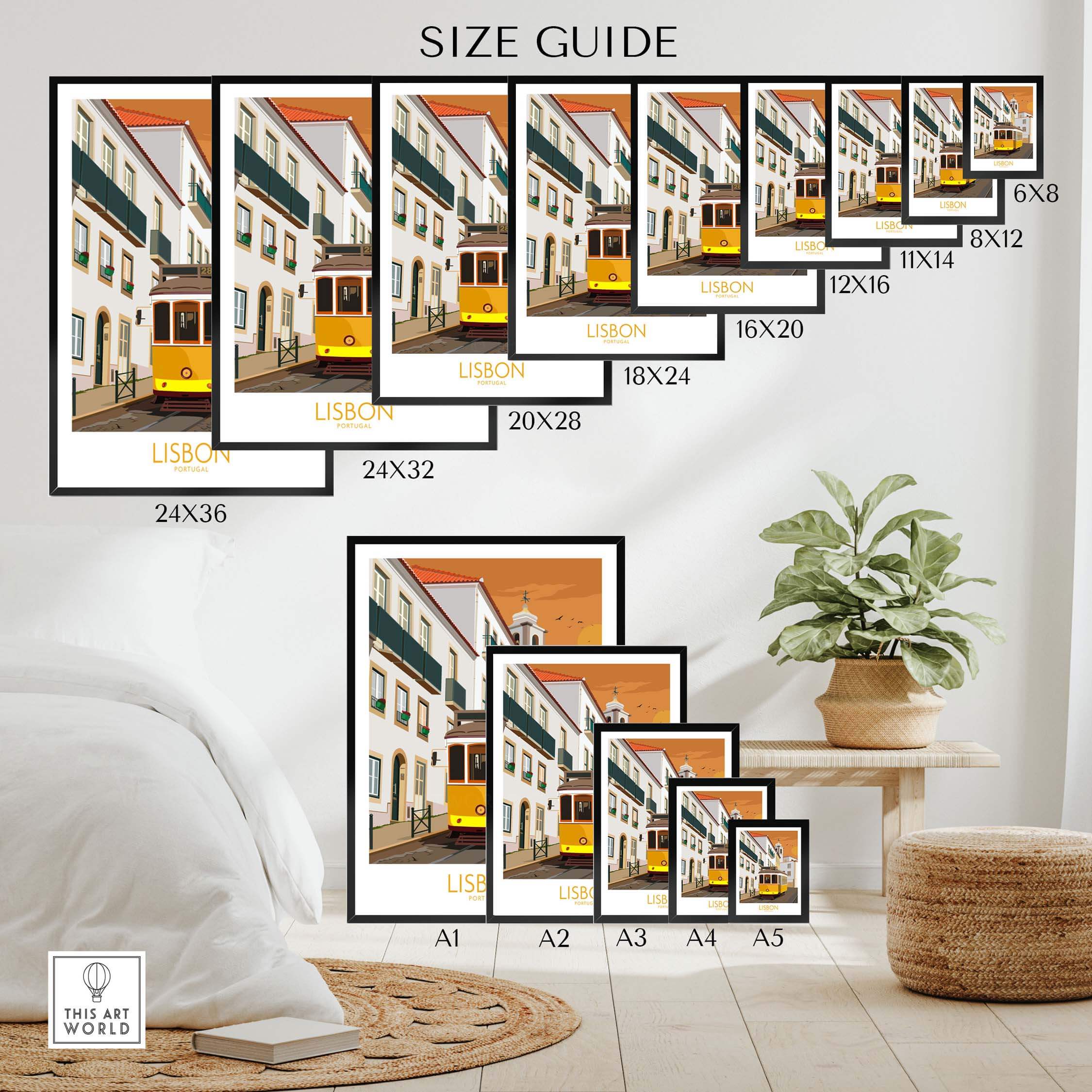 Size guide for Lisbon Poster Portugal Print showcasing various frame options and dimensions.
