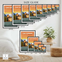 Size guide for Lac Léman Switzerland art prints showing various frame sizes available.