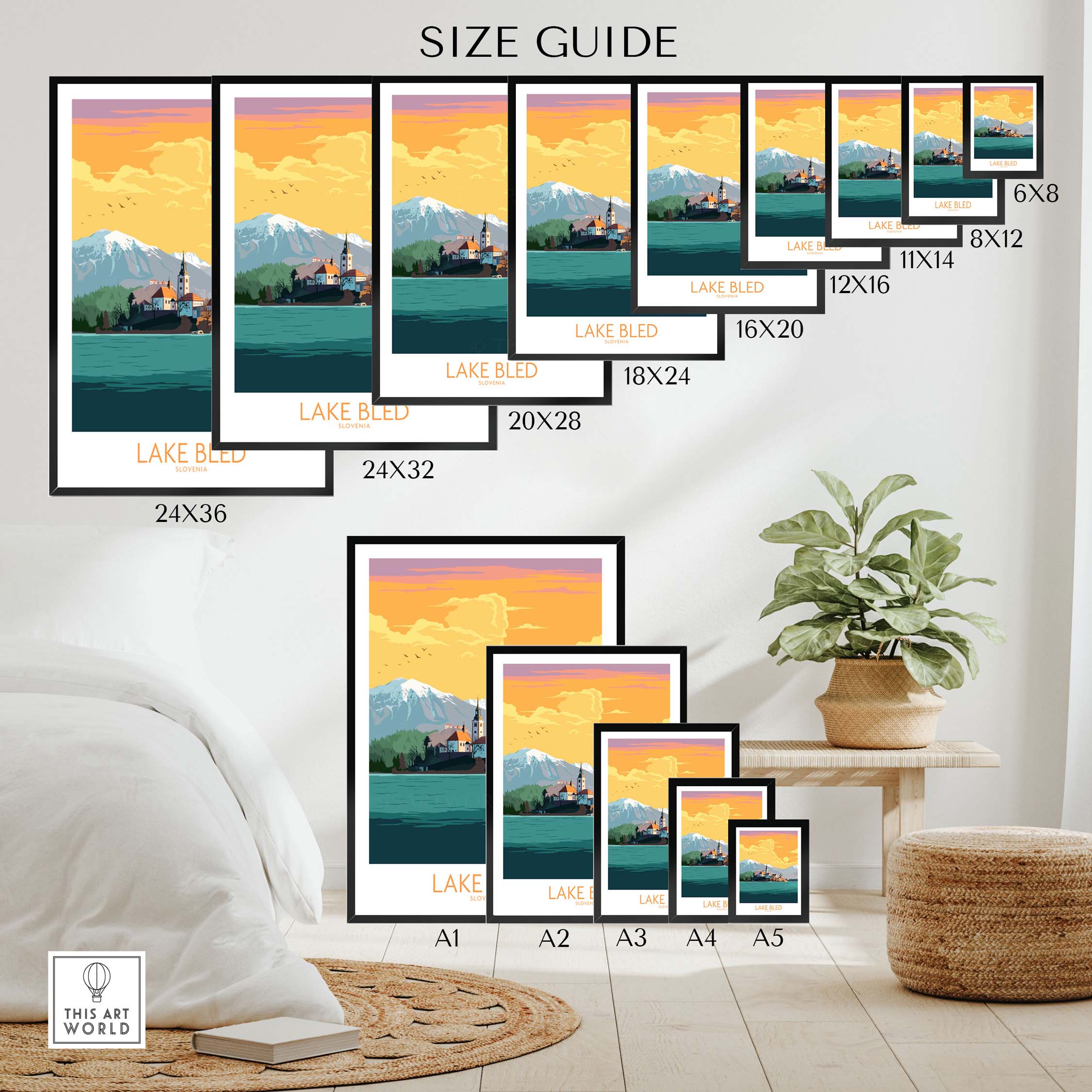 Size guide for Lake Bled poster prints showcasing various dimensions for the artwork