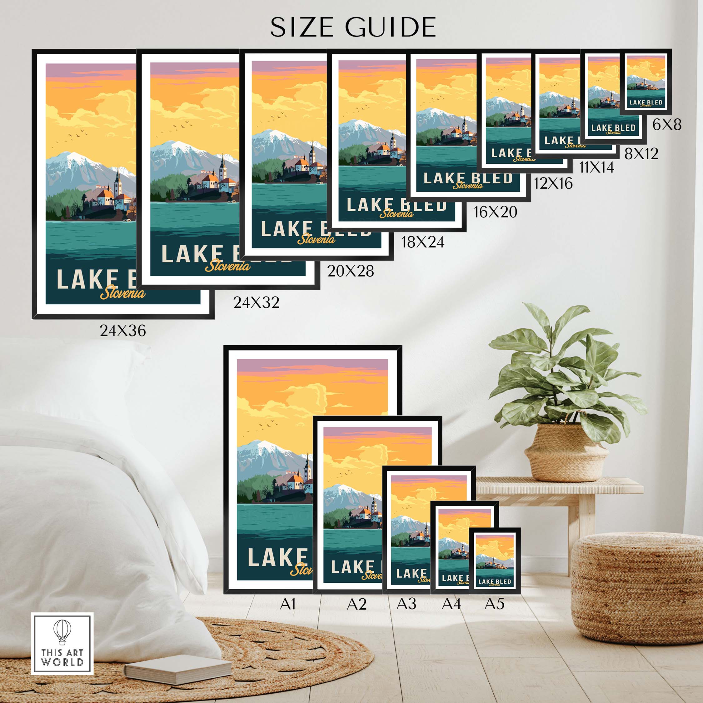 Size guide for Lake Bled Print Slovenia showcasing various frame sizes in a stylish home setting.
