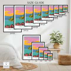 Size guide for Lake Como Italy poster prints in various dimensions, showcasing vibrant colors and floral details.