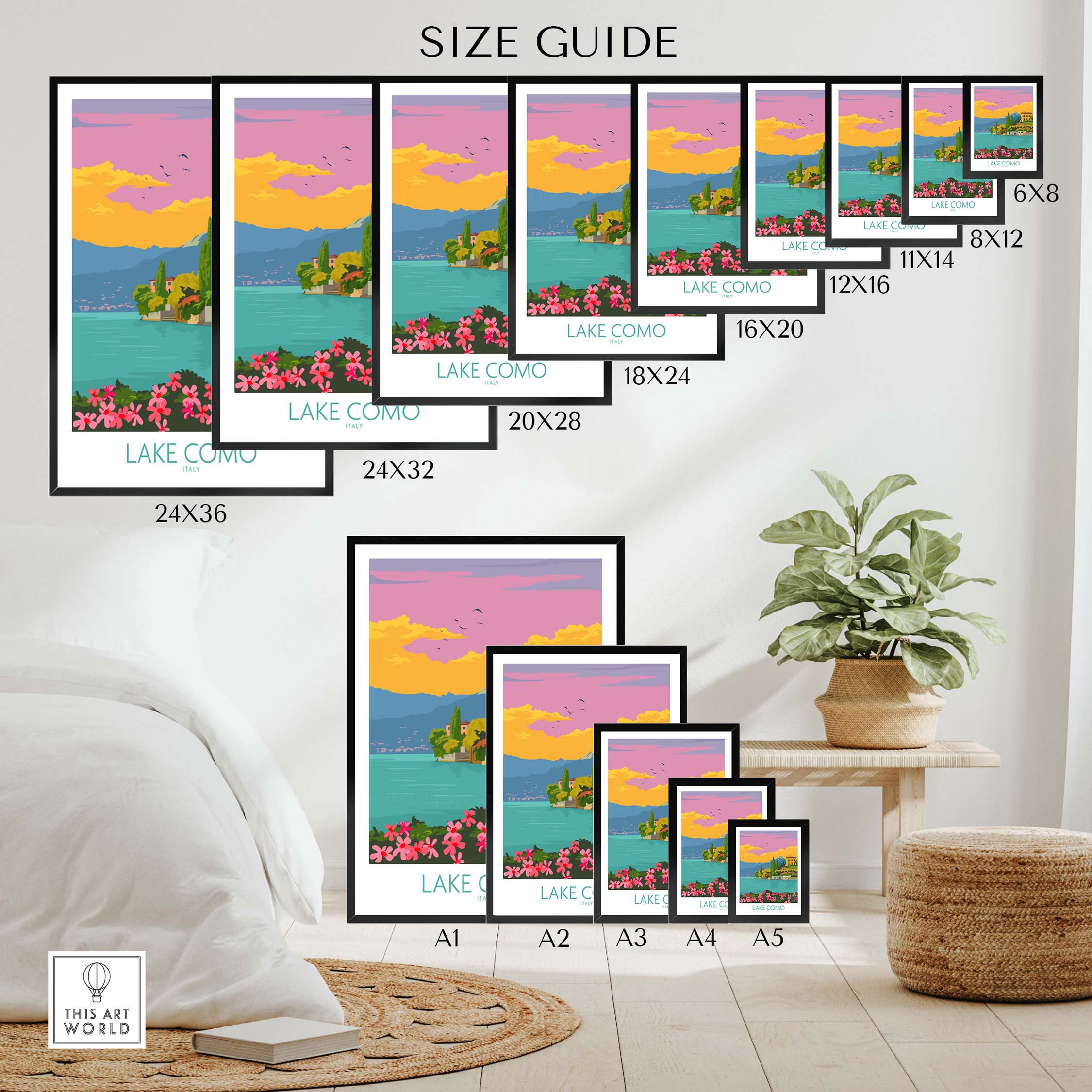 Size guide for Lake Como Italy poster prints in various dimensions, showcasing vibrant colors and floral details.